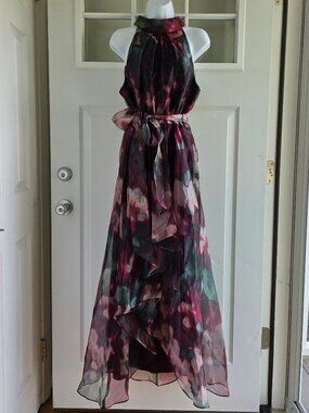 NWT | R&M Richards Long Printed Organza Halter Dress | Sz. 12
